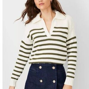 Ann Taylor Olive and Cream V-Neck Sweater